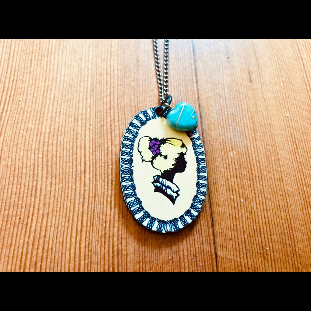 Vintage style portrait wooden cameo necklace